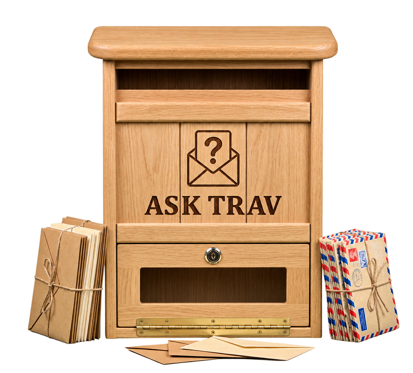 The handmade oak Ask Trav mailbox, engraved with an envelope, a question mark and the words ASK TRAV, flanked by twine-tied stacks of kraft and airmail envelopes